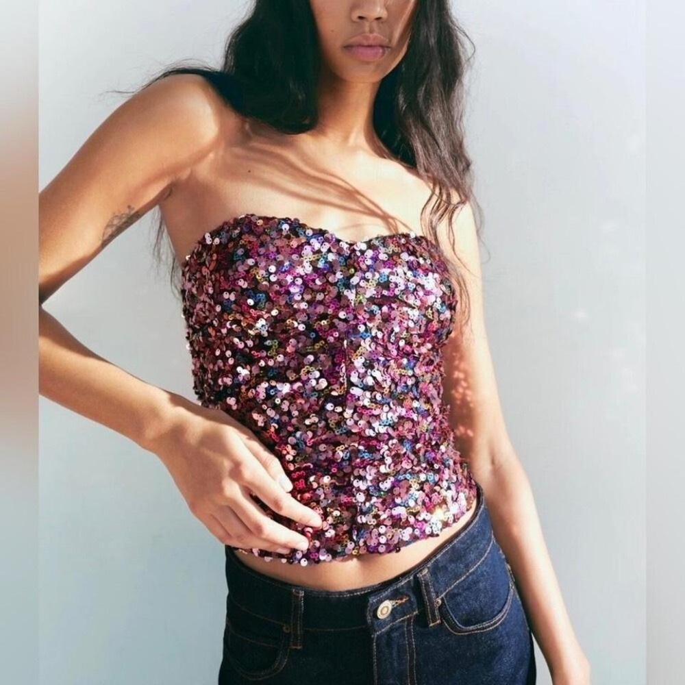 Zara Festive Days Multicolor Sequin Strapless Tube Top Corset Pink Purple L NWT